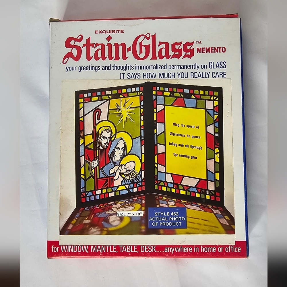 NOS Vtg Brytone Stain-Glass Memento Christmas Nativity Scene 7x10 Glass Art